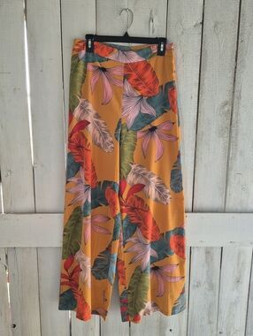 TCEC Mustard Wide-Leg Pants with Teal & Coral Palm Print